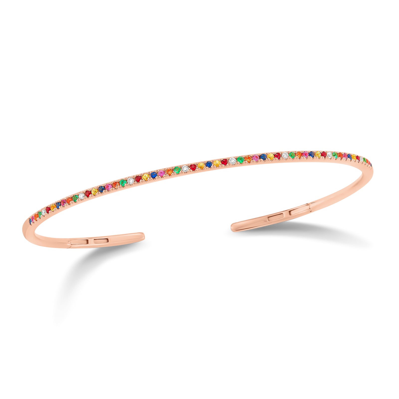 Rainbow Gemstone & Diamond Cuff Bracelet -14K gold weighing 6.48 grams -8 round pave-set diamonds totaling 0.06 carats -49 pave-set multicolor gemstones .39 carats. Size 48x58 millimeters, width 2 millimeters.