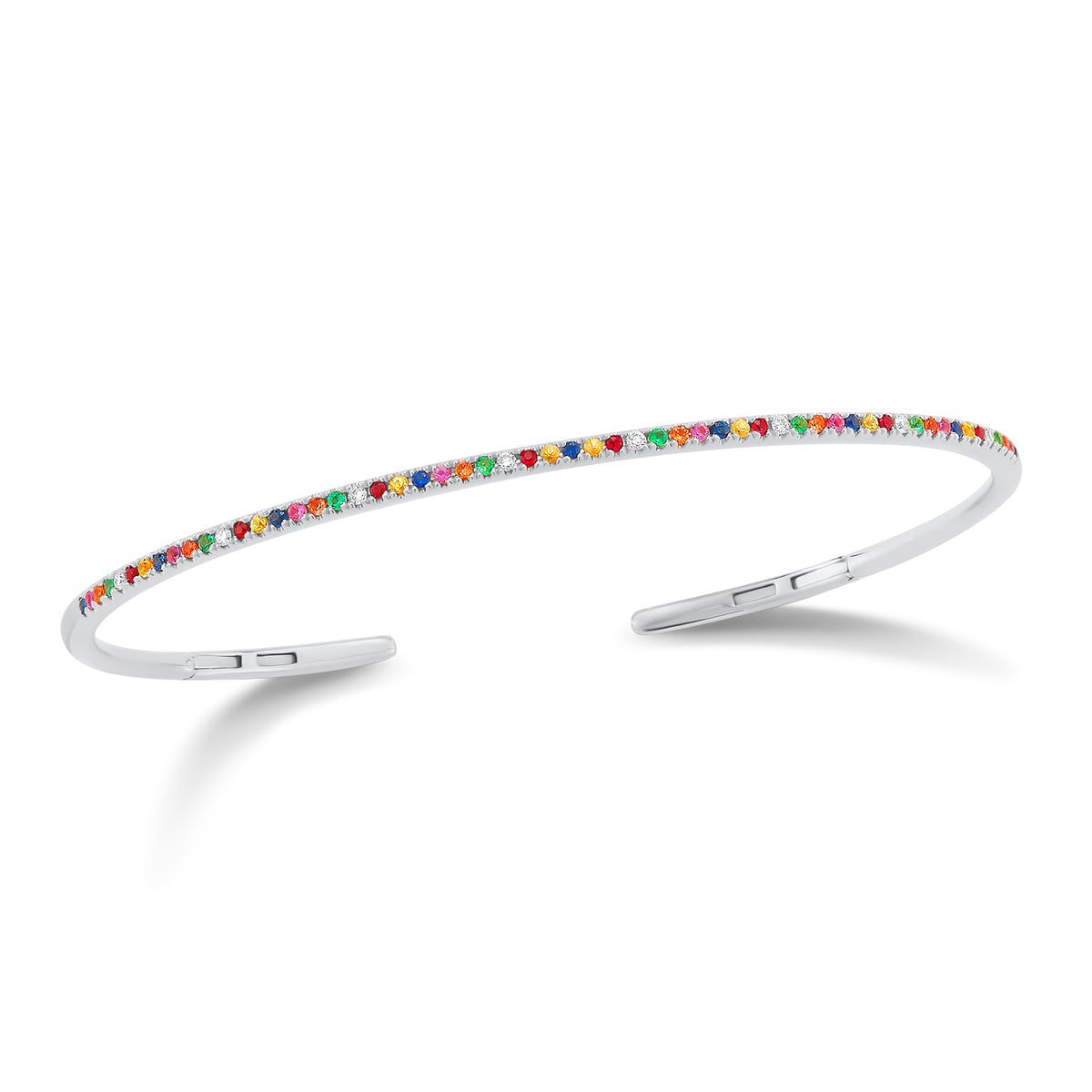 Rainbow Gemstone & Diamond Cuff Bracelet -14K gold weighing 6.48 grams -8 round pave-set diamonds totaling 0.06 carats -49 pave-set multicolor gemstones .39 carats. Size 48x58 millimeters, width 2 millimeters.