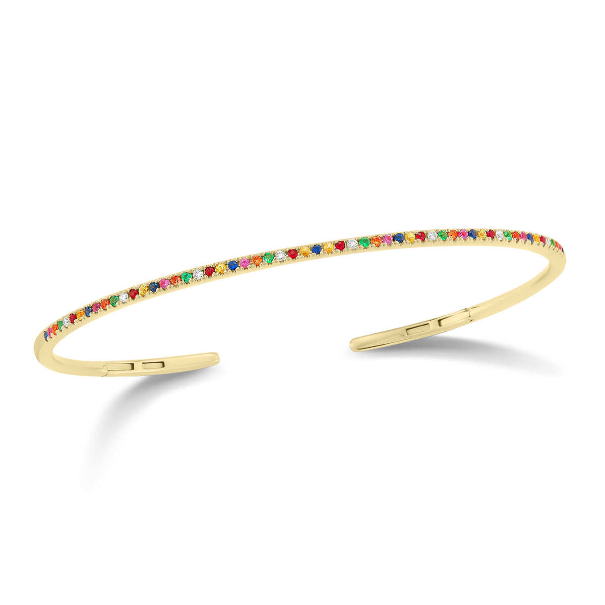 Rainbow Gemstone & Diamond Cuff Bracelet -14K gold weighing 6.48 grams -8 round pave-set diamonds totaling 0.06 carats -49 pave-set multicolor gemstones .39 carats. Size 48x58 millimeters, width 2 millimeters.