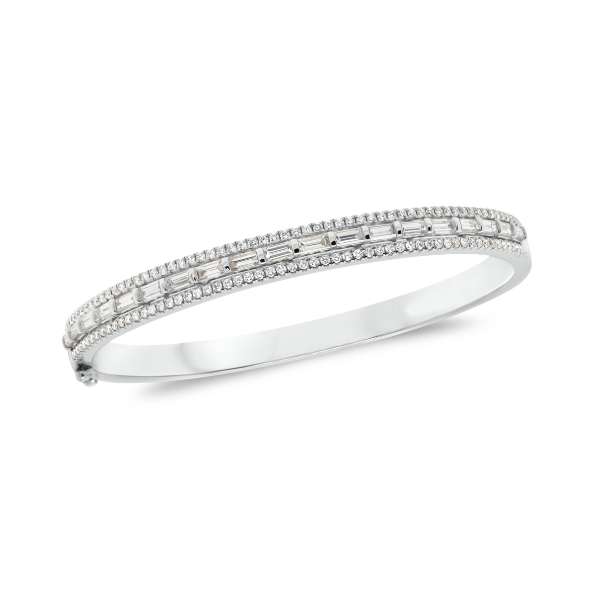 Diamond Baguette Bangle Bracelet  -18K gold weighing 21.17 grams  -114 round diamonds weighing .65 carats  -19 straight baguettes weighing 1.42 carats