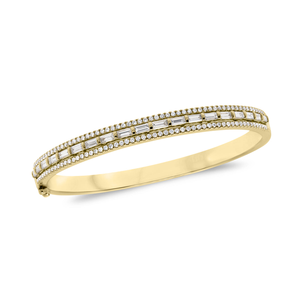 Diamond Baguette Bangle Bracelet  -18K gold weighing 21.17 grams  -114 round diamonds weighing .65 carats  -19 straight baguettes weighing 1.42 carats
