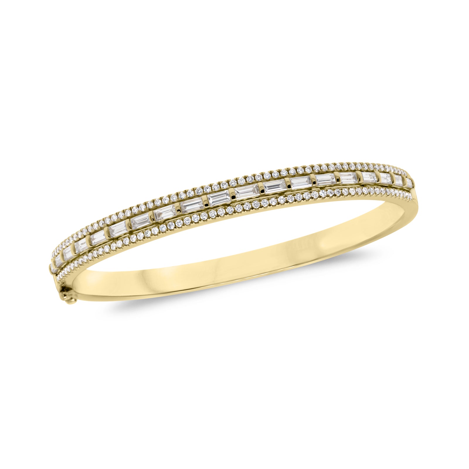 Diamond Baguette Bangle Bracelet  -18K gold weighing 21.17 grams  -114 round diamonds weighing .65 carats  -19 straight baguettes weighing 1.42 carats