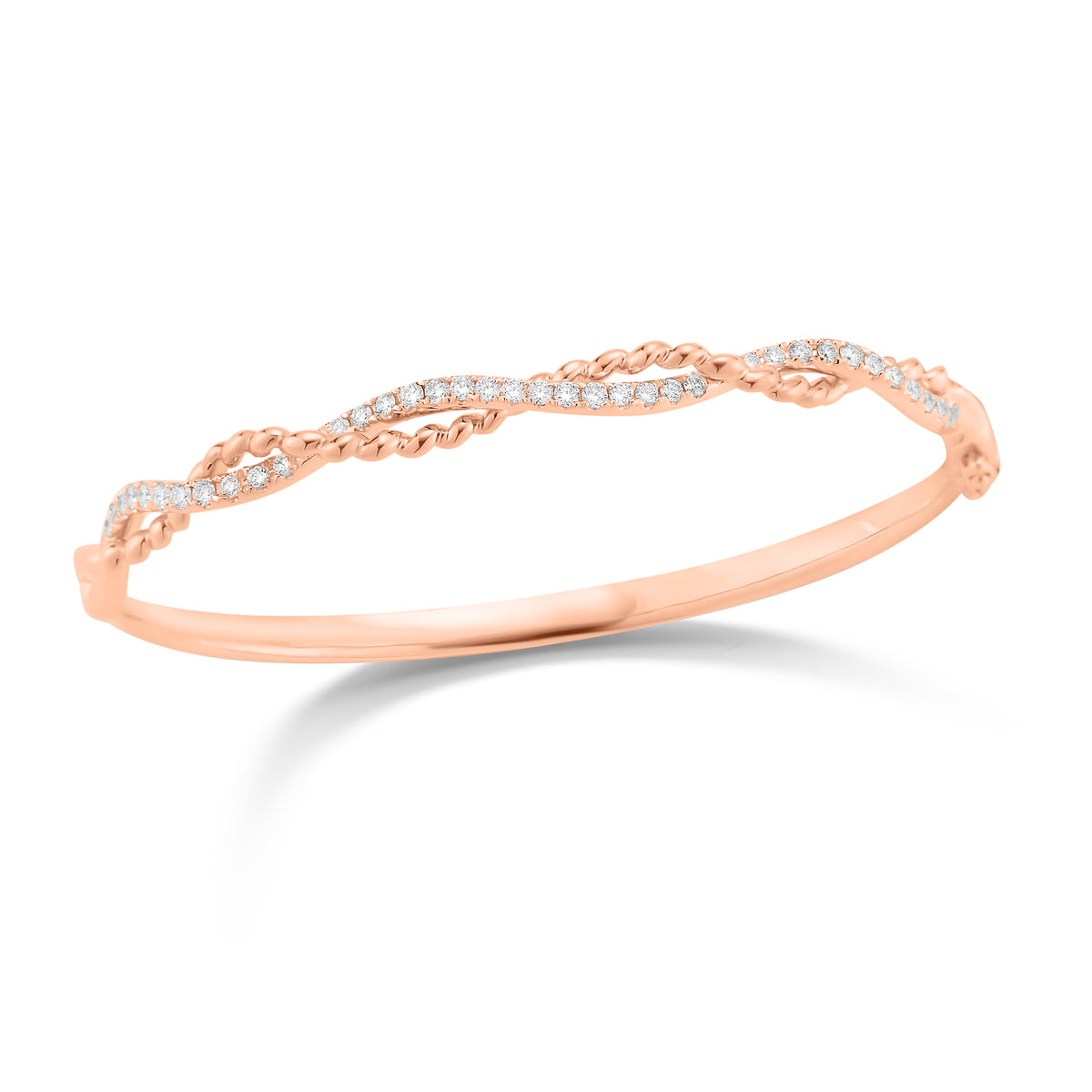 Diamond Twist Bangle Bracelet   -18K gold weighing 18.57 grams  -39 round shared prong-set diamonds totaling 0.70 carats.