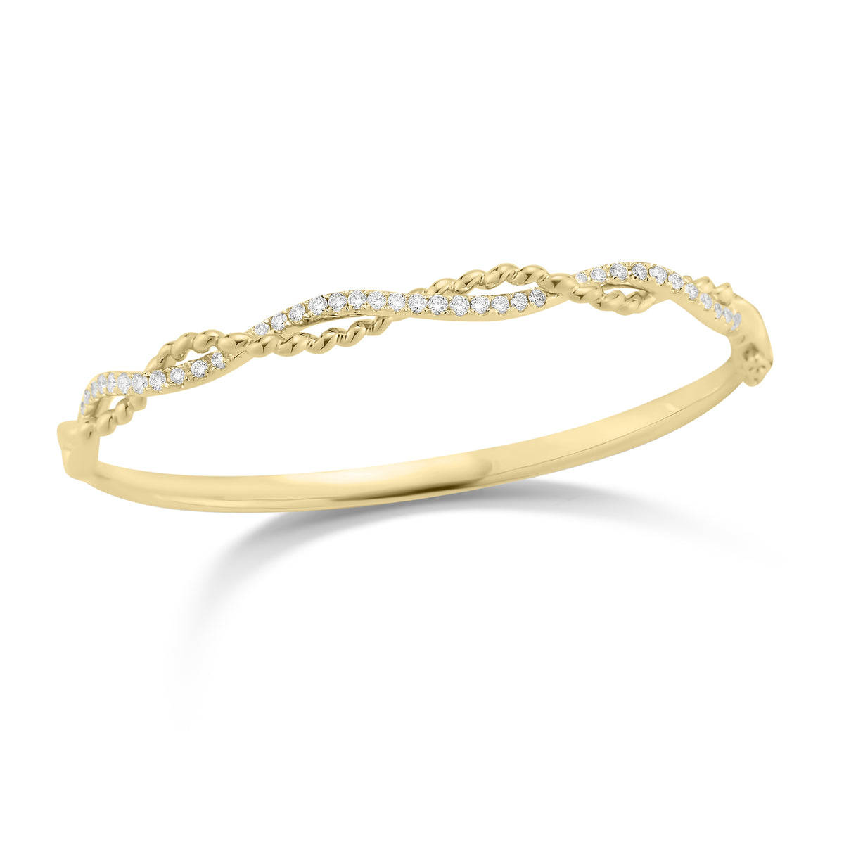 Diamond Twist Bangle Bracelet   -18K gold weighing 18.57 grams  -39 round shared prong-set diamonds totaling 0.70 carats.