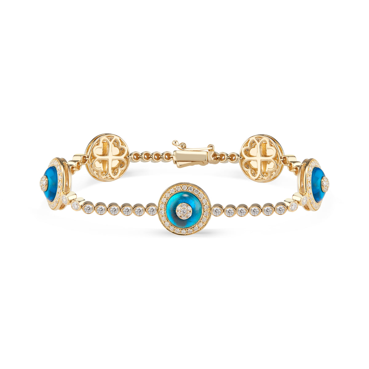 Diamond Bezels Evil Eye Bracelet - 14K yellow gold weighing 12.54 grams - 188 round diamonds totaling 2.27 carats