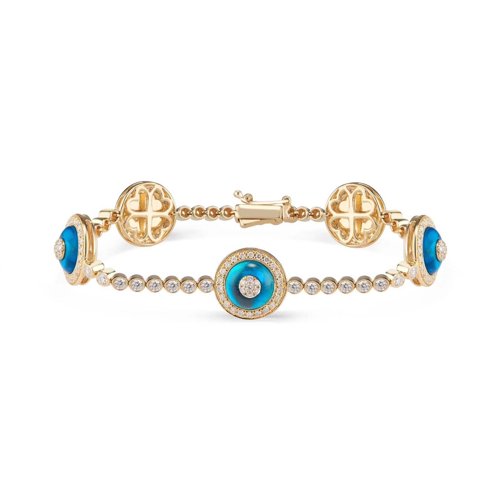 Diamond Bezels Evil Eye Bracelet - 14K yellow gold weighing 12.54 grams - 188 round diamonds totaling 2.27 carats