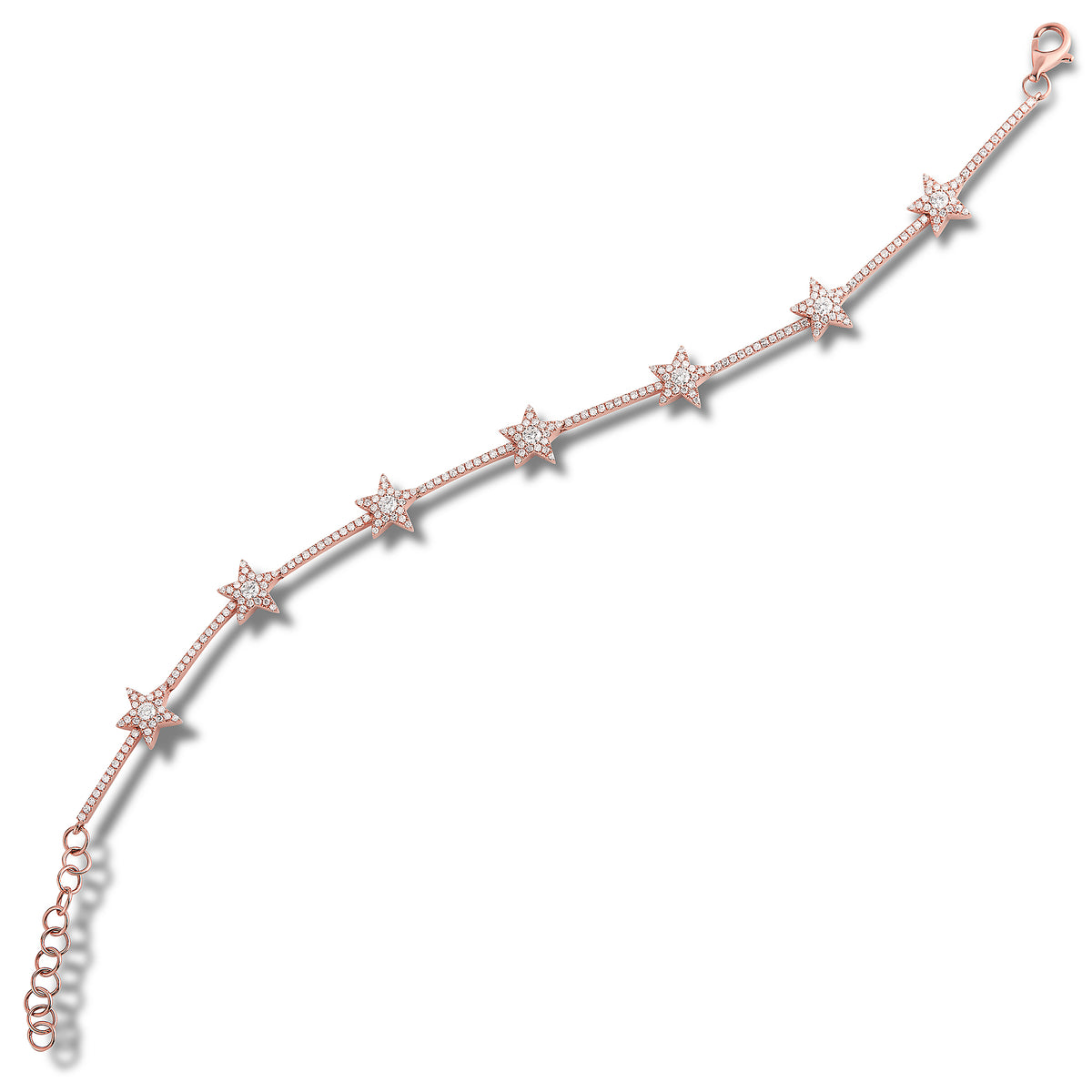 Diamond Stars Bracelet - 14K rose gold weighing 5.85 grams - 236 round shared prong-set diamonds totaling 0.86 carats. -7 round diamonds totaling .21 carats
