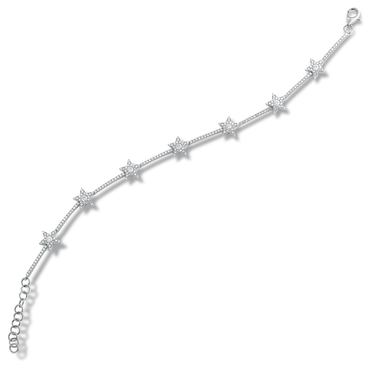 Diamond Stars Bracelet - 14K white gold weighing 5.85 grams - 236 round shared prong-set diamonds totaling 0.86 carats. -7 round diamonds totaling .21 carats