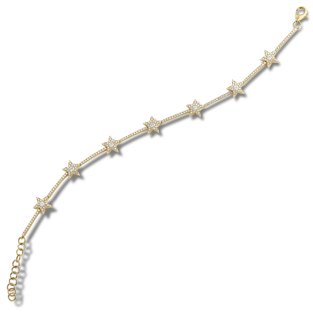 Diamond Stars Bracelet - 14K yellow gold weighing 5.85 grams - 236 round shared prong-set diamonds totaling 0.86 carats. -7 round diamonds totaling .21 carats