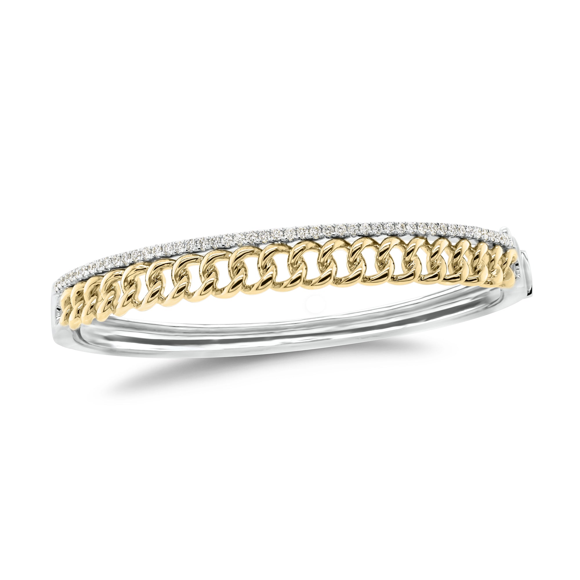 Diamond Two-Tone Curb Chain Bangle Bracelet - 14K yellow gold weighing 20.52 grams - 49 round diamonds totaling 0.48 carats