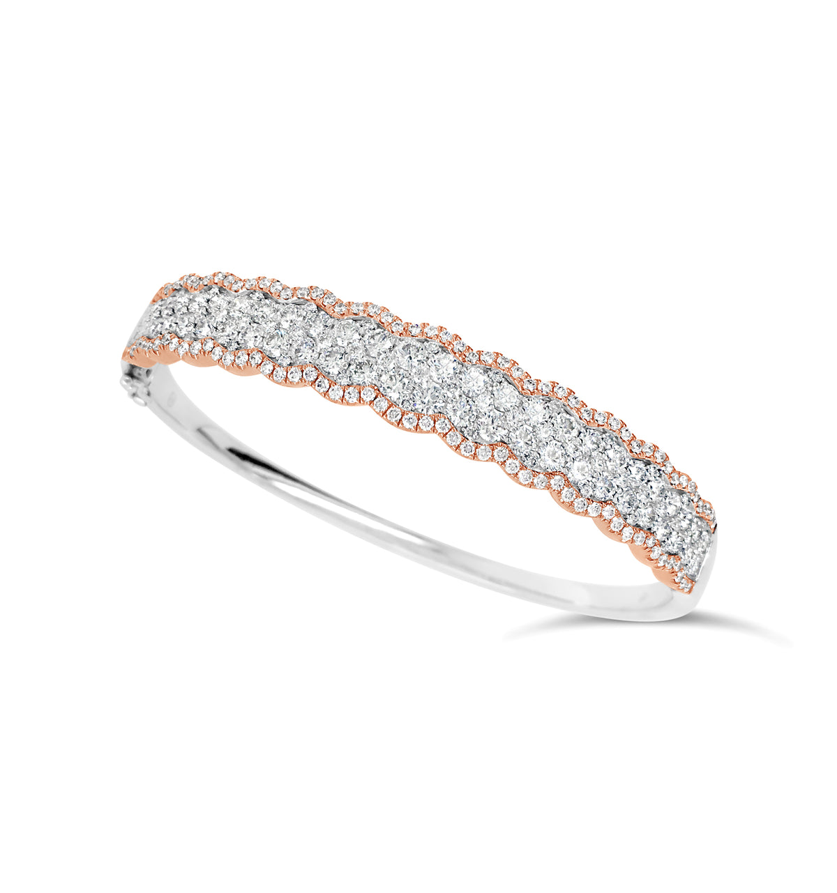 Diamond Two-Tone Bangle Bracelet -18K rose gold weighing 20.63 grams -52 round diamonds totaling 2.90 carats -157 pave diamonds totaling 1.33 carats