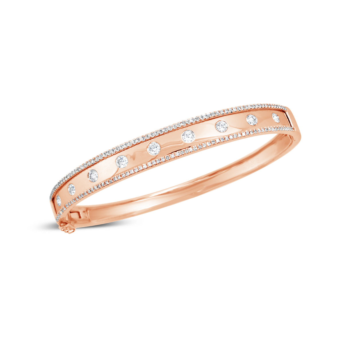 Bezel-Set & Pave Diamond Wide Bangle Bracelet -14K rose gold weighing 14.45 grams -9 round bezel set diamonds totaling 0.52 carats -146 round pave set diamonds totaling 0.44 carats