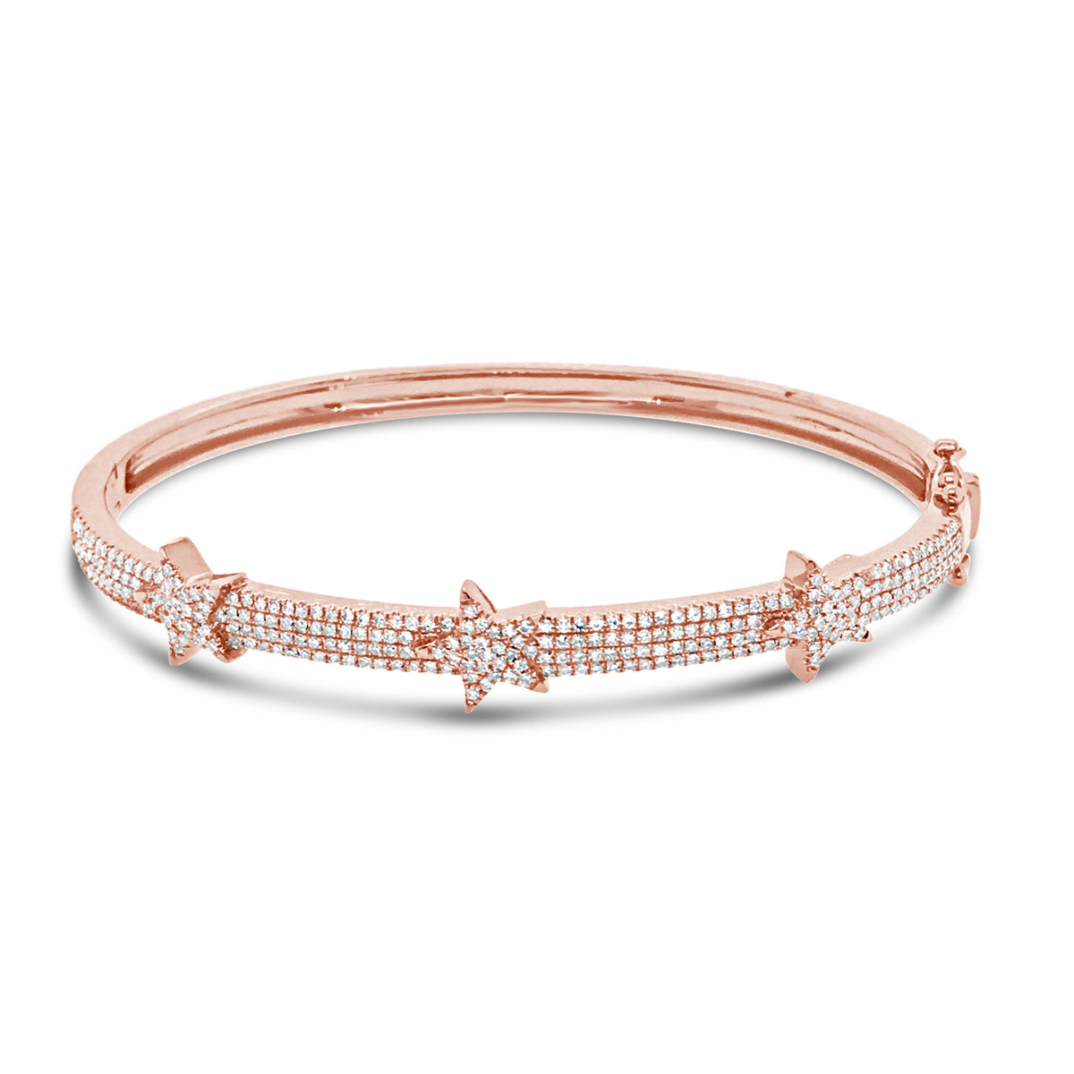 Diamond Tri-Star Bangle Bracelet  -14K gold weighing 13.48 grams  -301 round diamonds totaling 0.75 carats