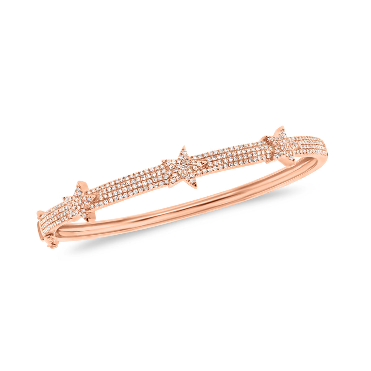 Diamond Tri-Star Bangle Bracelet  -14K gold weighing 13.48 grams  -301 round diamonds totaling 0.75 carats