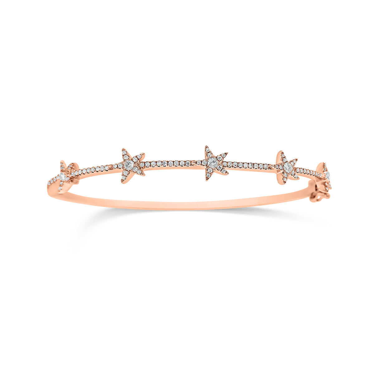 Dainty Diamond Star Bangle Bracelet  -14k rose gold weighing 8.28 grams  -5 round bezel diamonds weighing 0.15 carats, and 98 round pave set diamonds weighing 0.27 carats