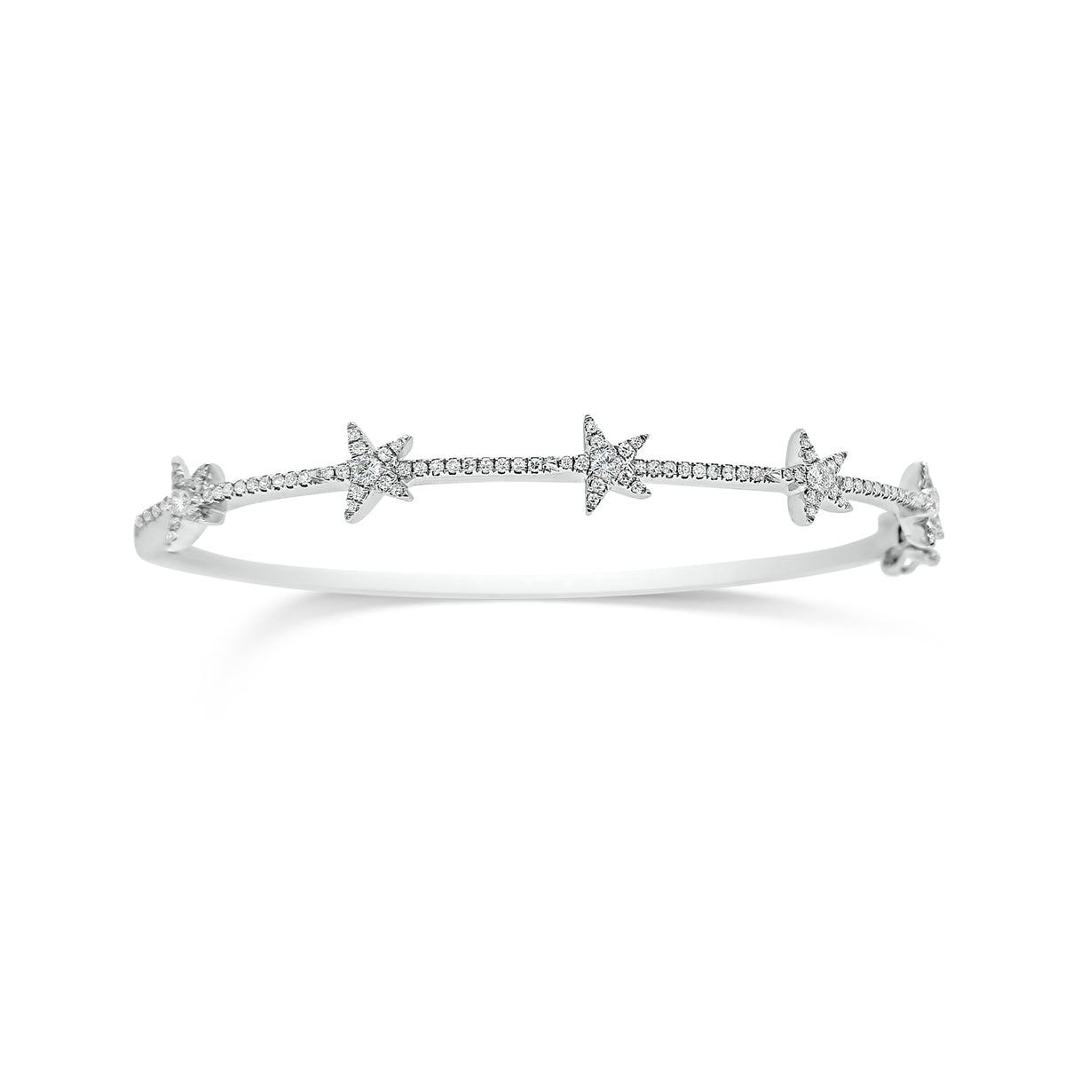 Dainty Diamond Star Bangle Bracelet  -14k white gold weighing 8.28 grams  -5 round bezel diamonds weighing 0.15 carats, and 98 round pave set diamonds weighing 0.27 carats