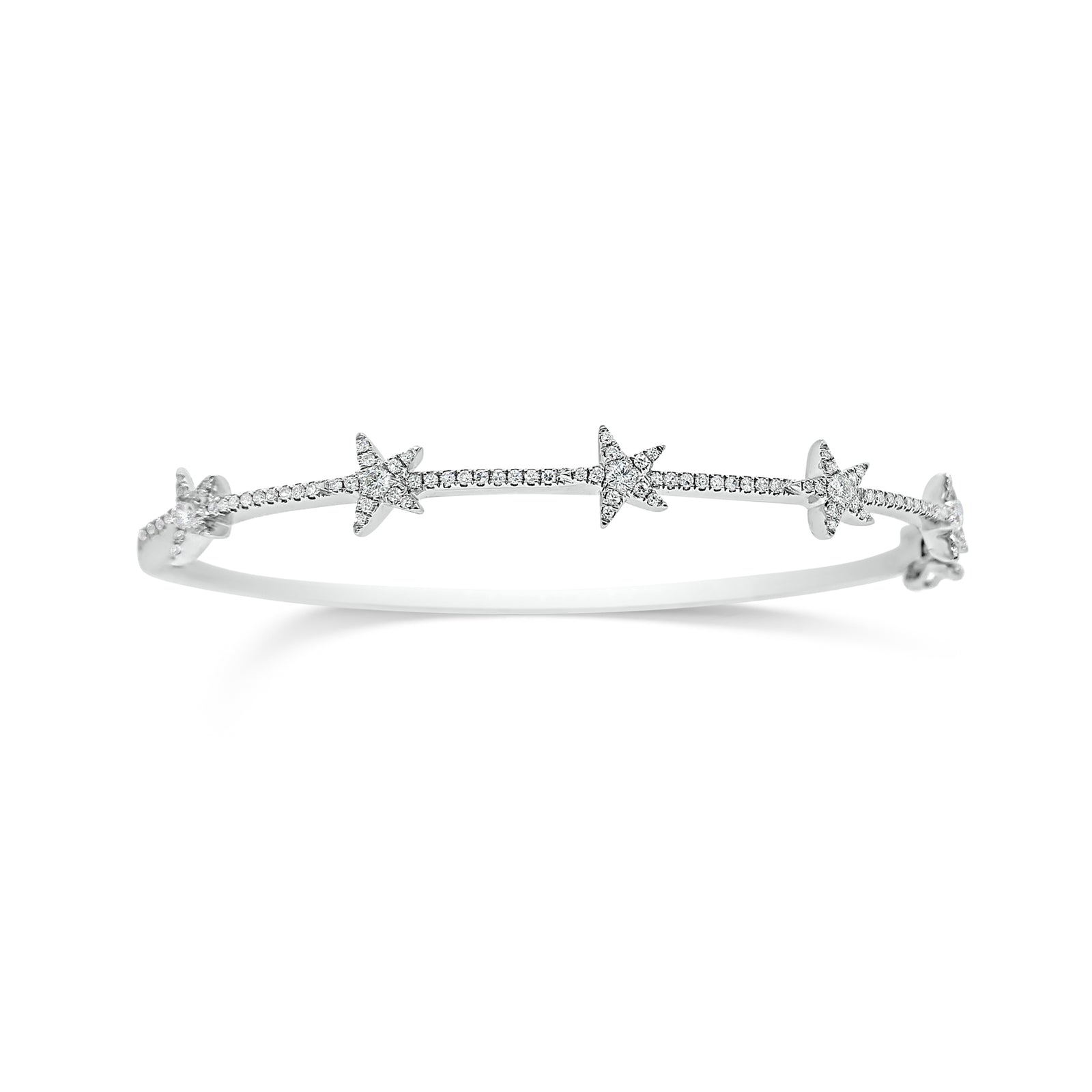 Dainty Diamond Star Bangle Bracelet  -14k white gold weighing 8.28 grams  -5 round bezel diamonds weighing 0.15 carats, and 98 round pave set diamonds weighing 0.27 carats