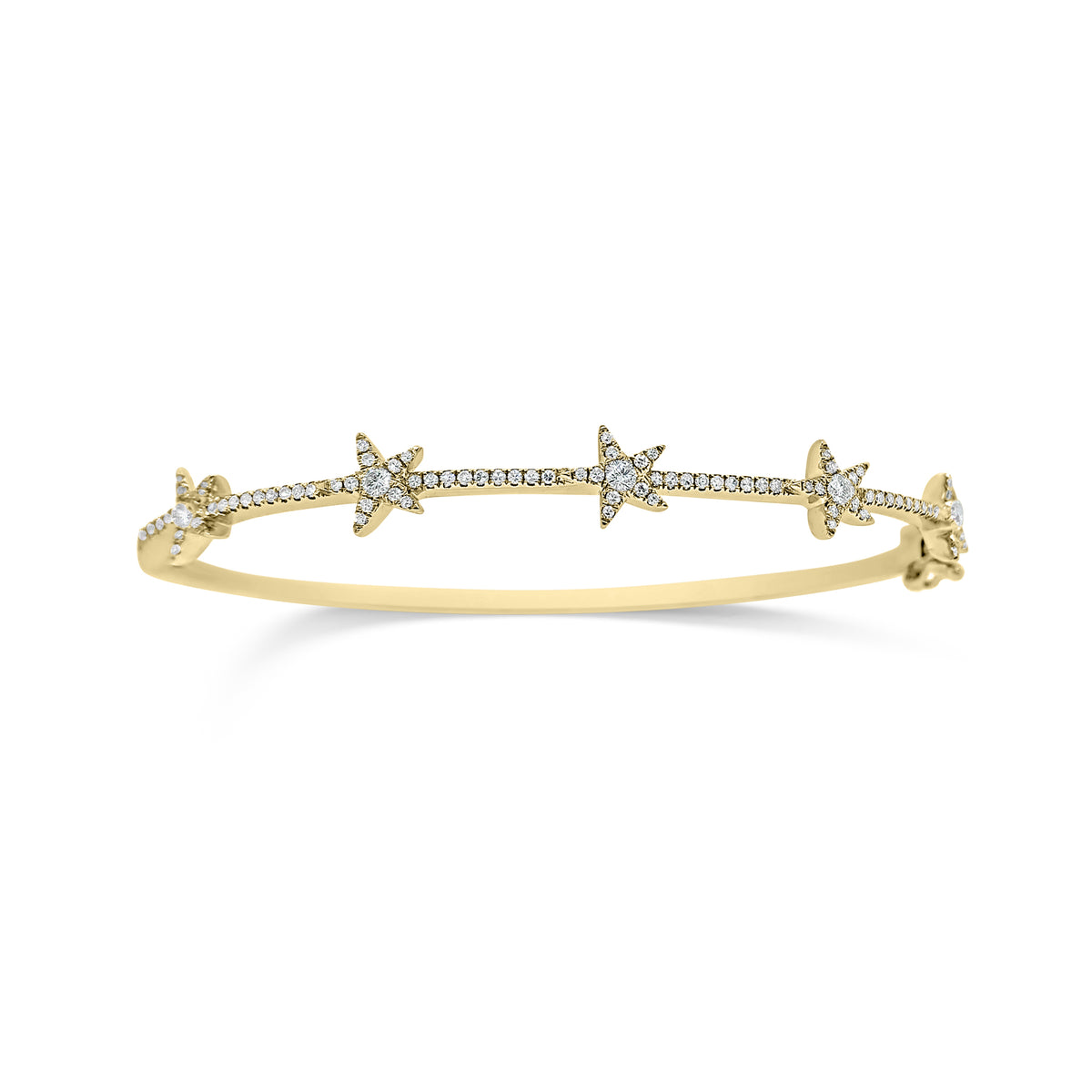 Dainty Diamond Star Bangle Bracelet  -14k yellow gold weighing 8.28 grams  -5 round bezel diamonds weighing 0.15 carats, and 98 round pave set diamonds weighing 0.27 carats