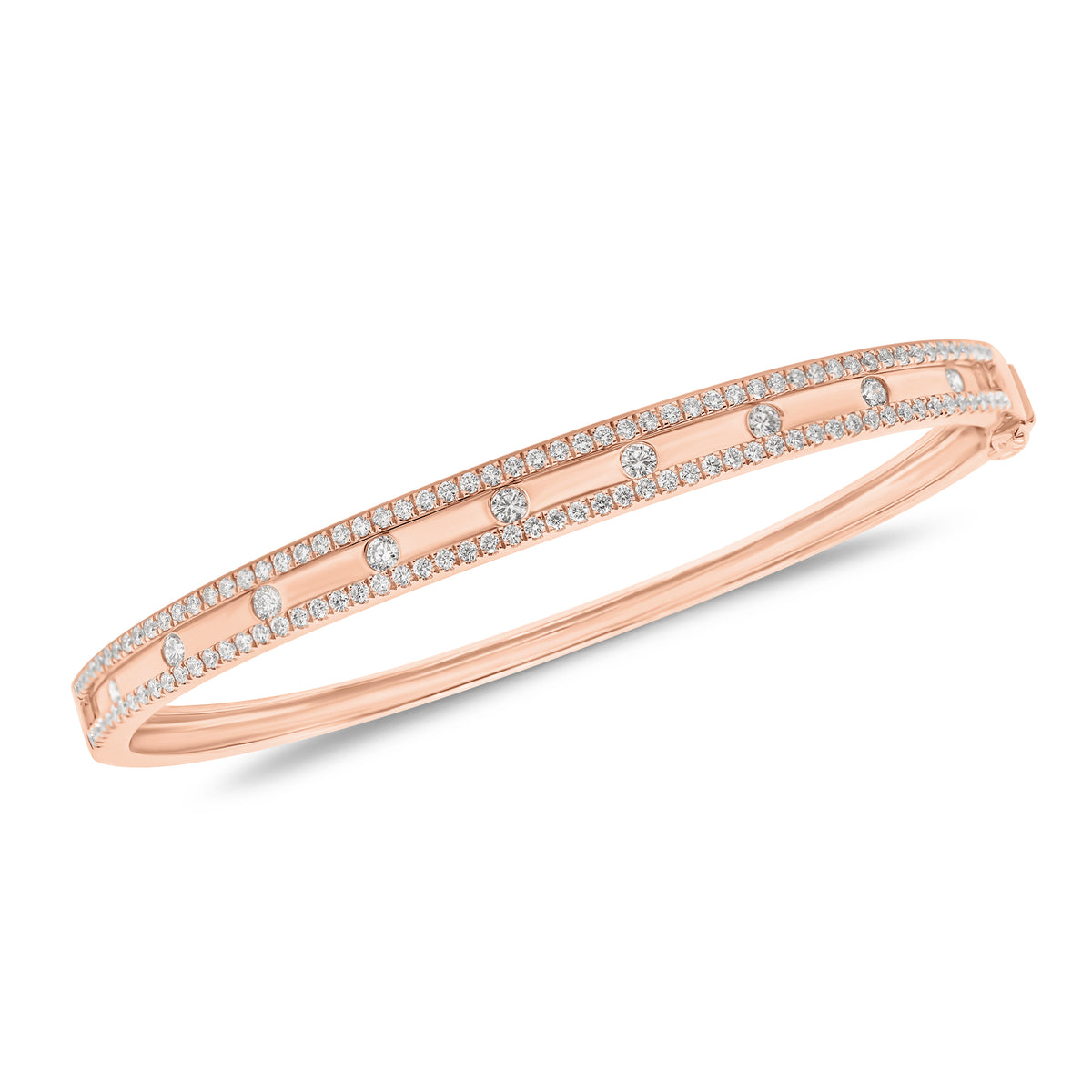 Bezel-Set & Pave Diamond Slim Bangle Bracelet -14K rose gold weighing 10.87 grams -9 round bezel set diamonds totaling 0.30 carats -160 round pave set diamonds totaling 0.45 carats