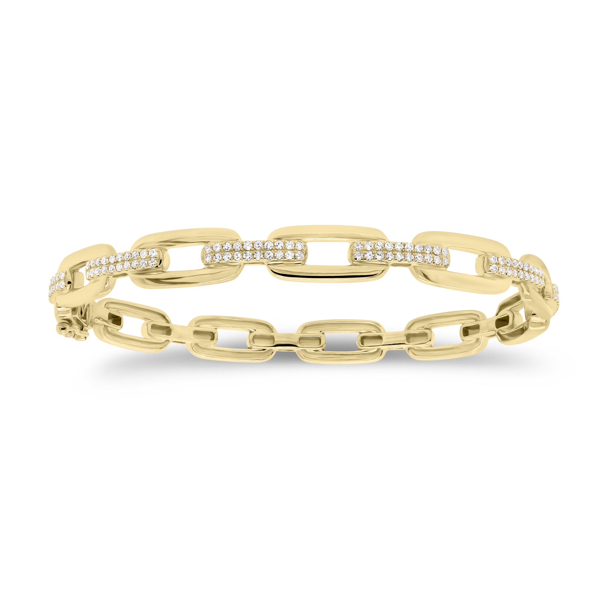 Diamond Bold Link Bangle Bracelet  - 14K gold weighing 14.59 grams  - 120 round diamonds totaling 0.45 carats