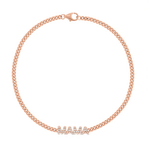 Diamond MAMA Curb Chain Bracelet - 14K rose gold weighing 3.13 grams - 46 round diamonds totaling 0.12 carats