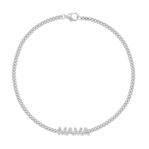 Diamond MAMA Curb Chain Bracelet - 14K white gold weighing 3.13 grams - 46 round diamonds totaling 0.12 carats