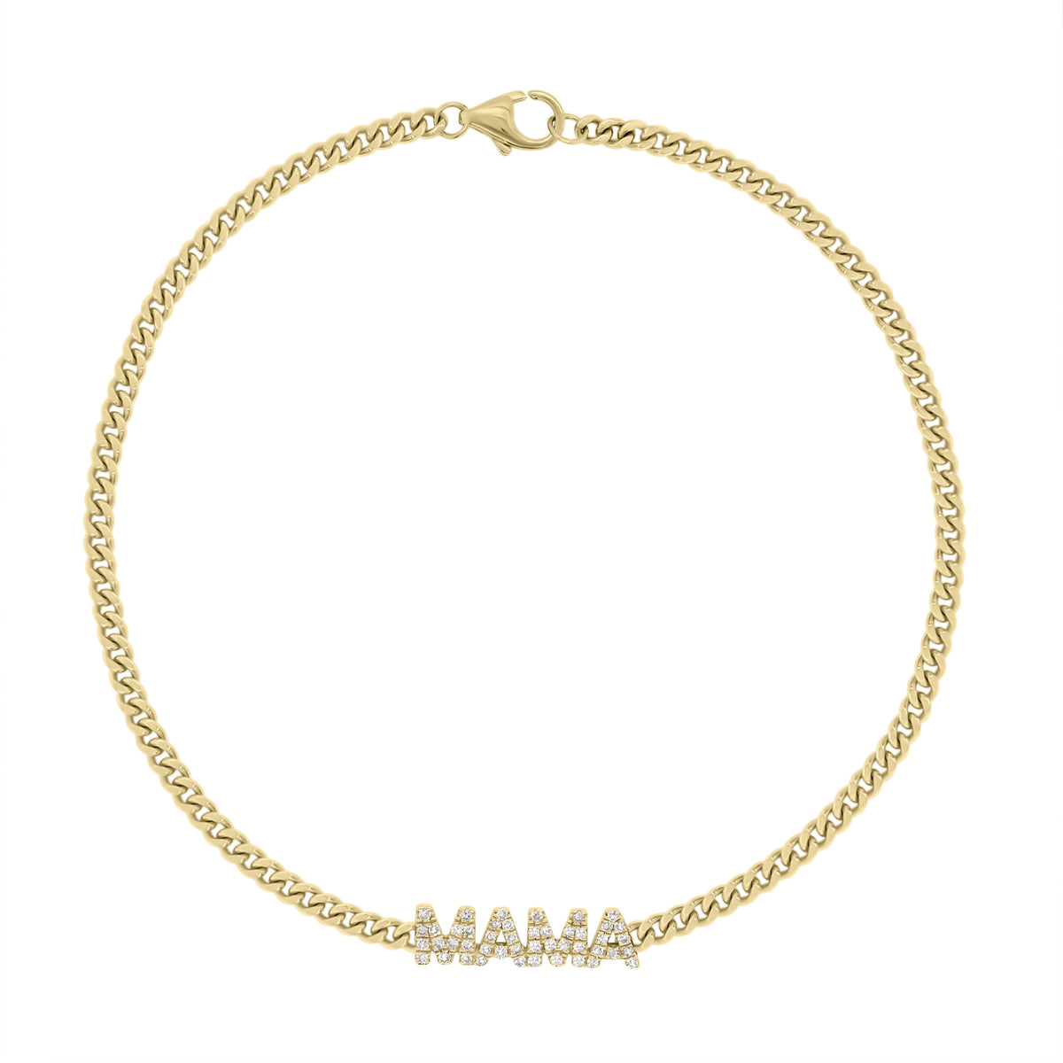 Diamond MAMA Curb Chain Bracelet - 14K yellow gold weighing 3.13 grams - 46 round diamonds totaling 0.12 carats