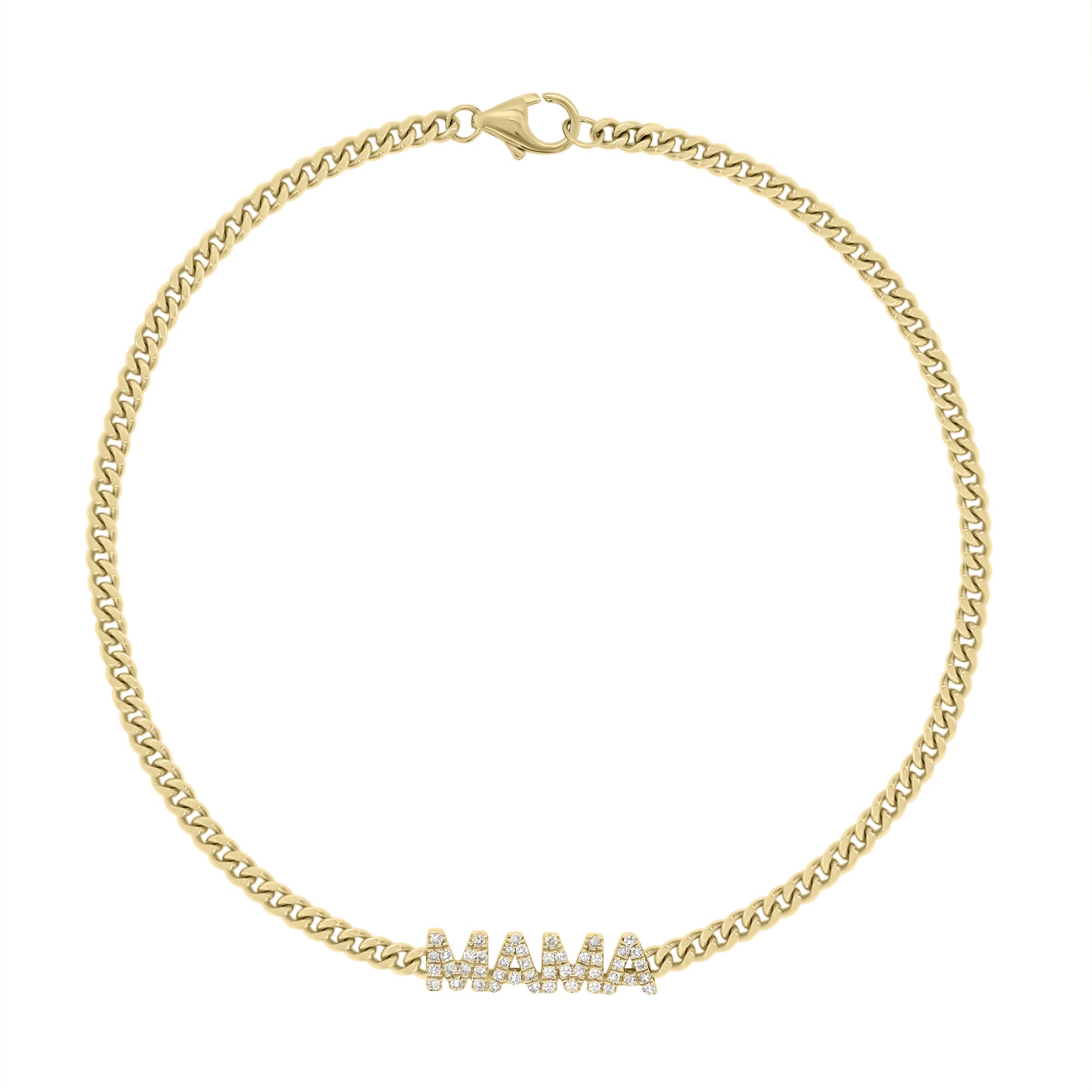 Diamond MAMA Curb Chain Bracelet - 14K yellow gold weighing 3.13 grams - 46 round diamonds totaling 0.12 carats