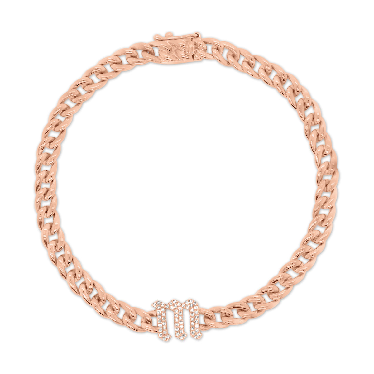 Diamond Gothic Initial Bracelet - 14K rose gold weighing 10.80 grams - 58 round diamonds totaling 0.12 carats