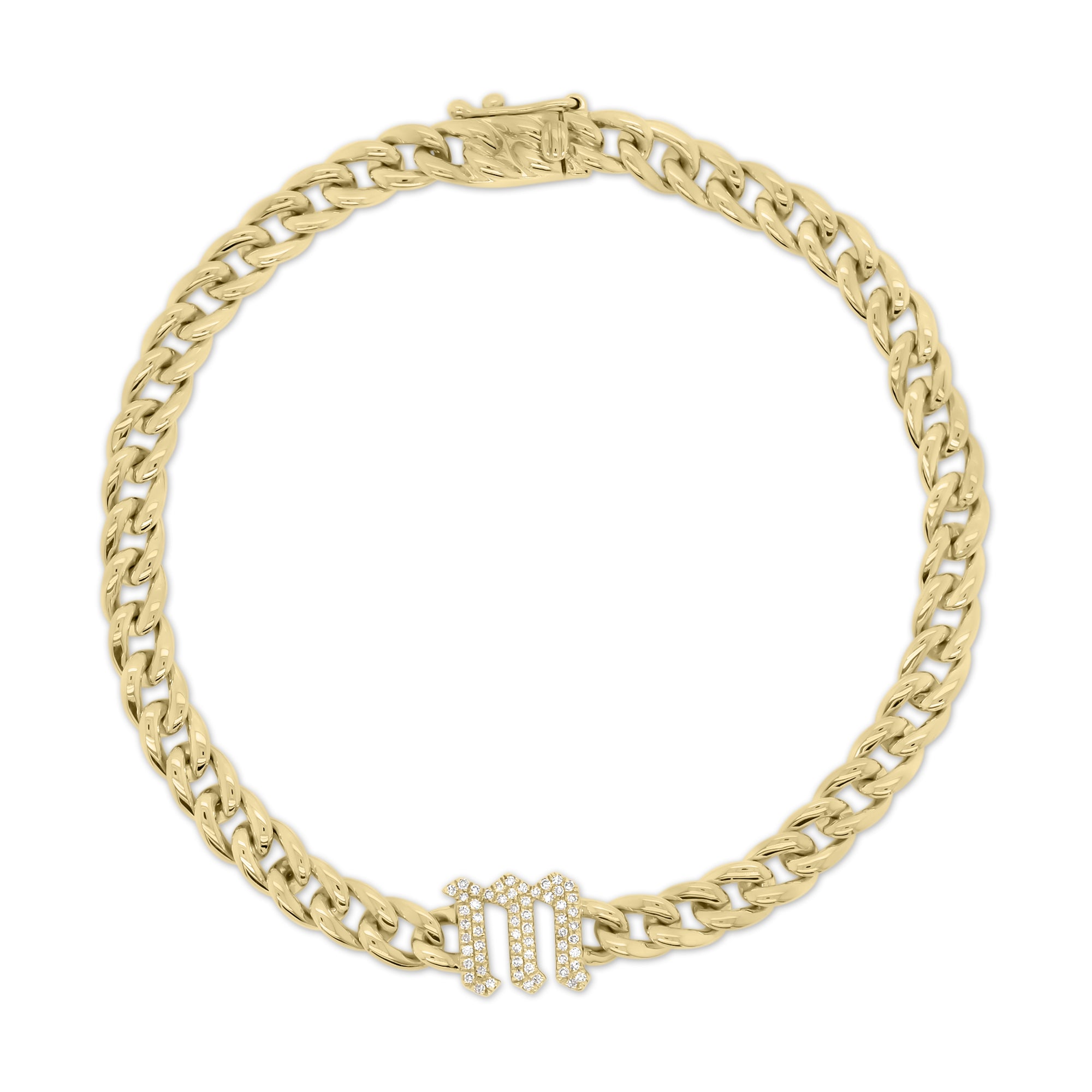 Diamond Gothic Initial Bracelet - 14K yellow gold weighing 10.80 grams - 58 round diamonds totaling 0.12 carats