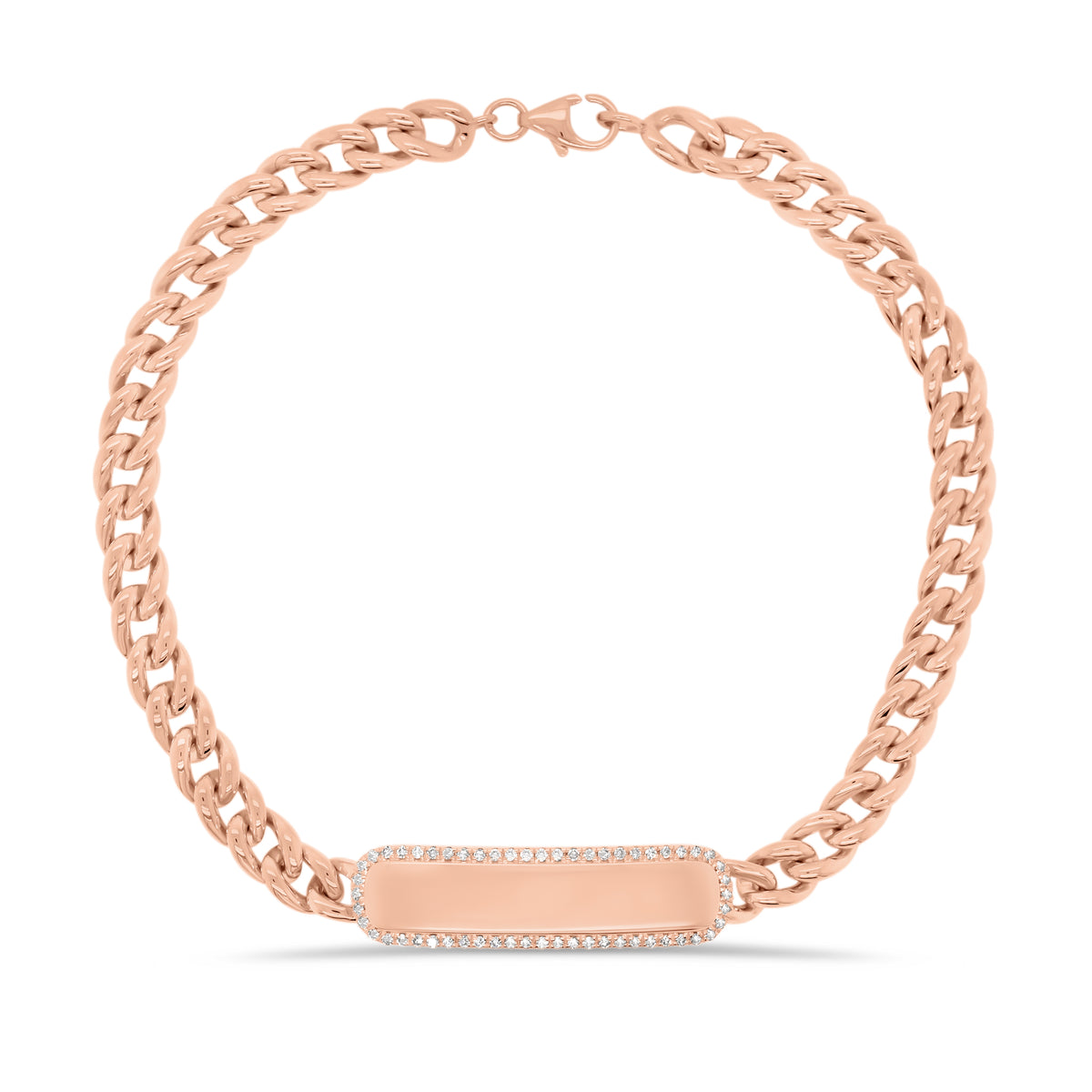 Diamond Framed ID Bracelet with Curb Chain - 14K rose gold weighing 9.85 grams - 56 round diamonds totaling 0.15 carats