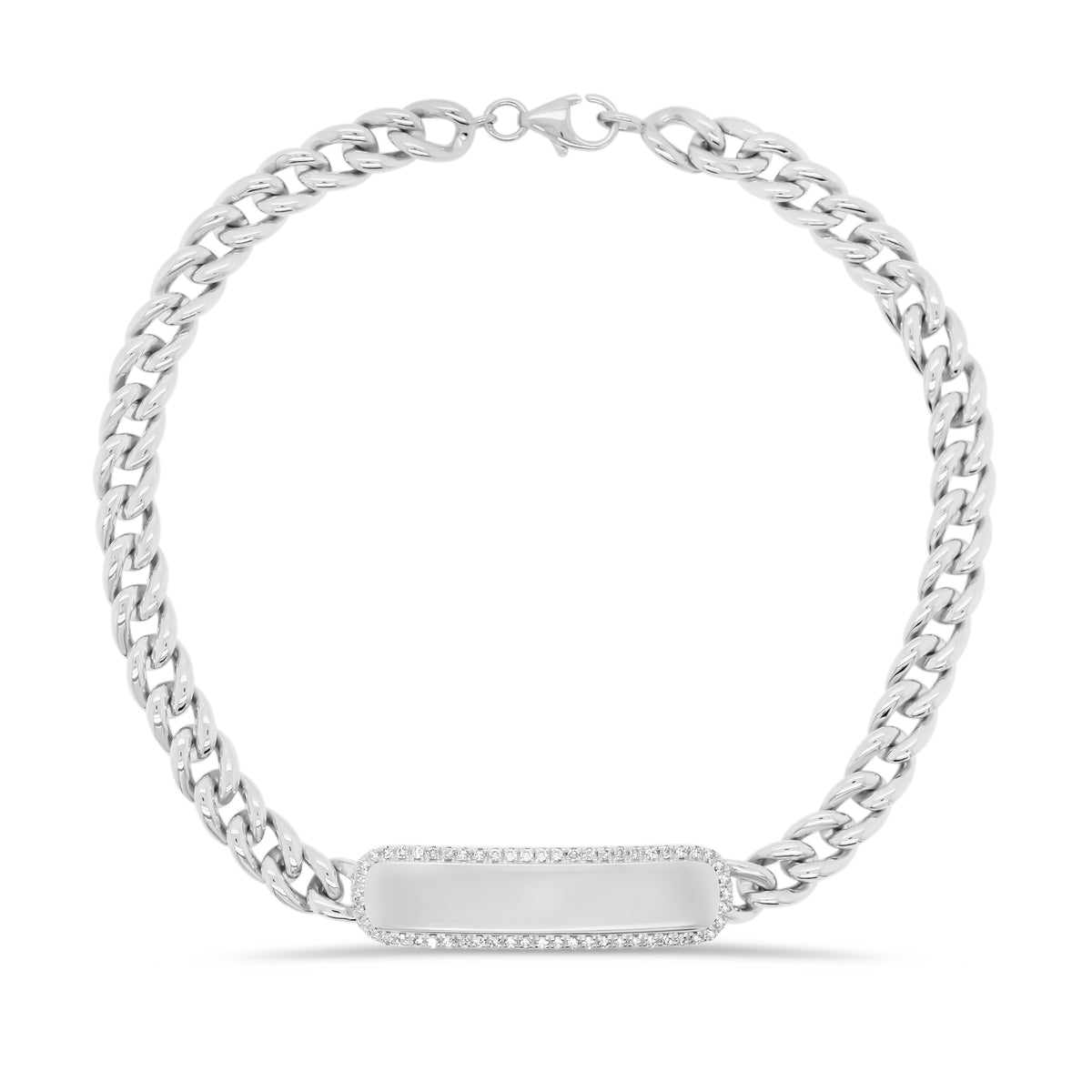 Diamond Framed ID Bracelet with Curb Chain - 14K white gold weighing 9.85 grams - 56 round diamonds totaling 0.15 carats