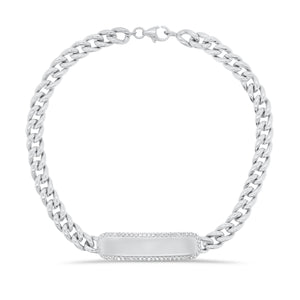 Diamond Framed ID Bracelet with Curb Chain - 14K white gold weighing 9.85 grams - 56 round diamonds totaling 0.15 carats