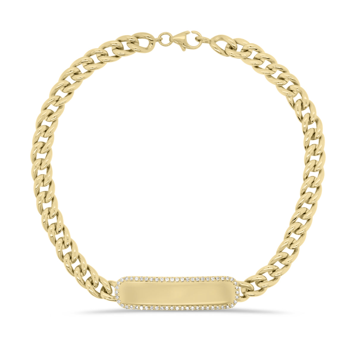 Diamond Framed ID Bracelet with Curb Chain - 14K yellow gold weighing 9.85 grams - 56 round diamonds totaling 0.15 carats