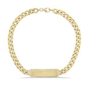 Diamond Framed ID Bracelet with Curb Chain - 14K yellow gold weighing 9.85 grams - 56 round diamonds totaling 0.15 carats