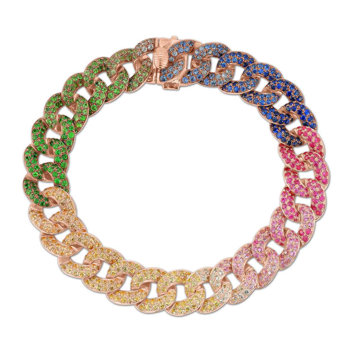Rainbow Sapphire Curb Chain Bracelet - 14K gold weighing 25.78 grams - 684 sapphires weighing 8.11 carats