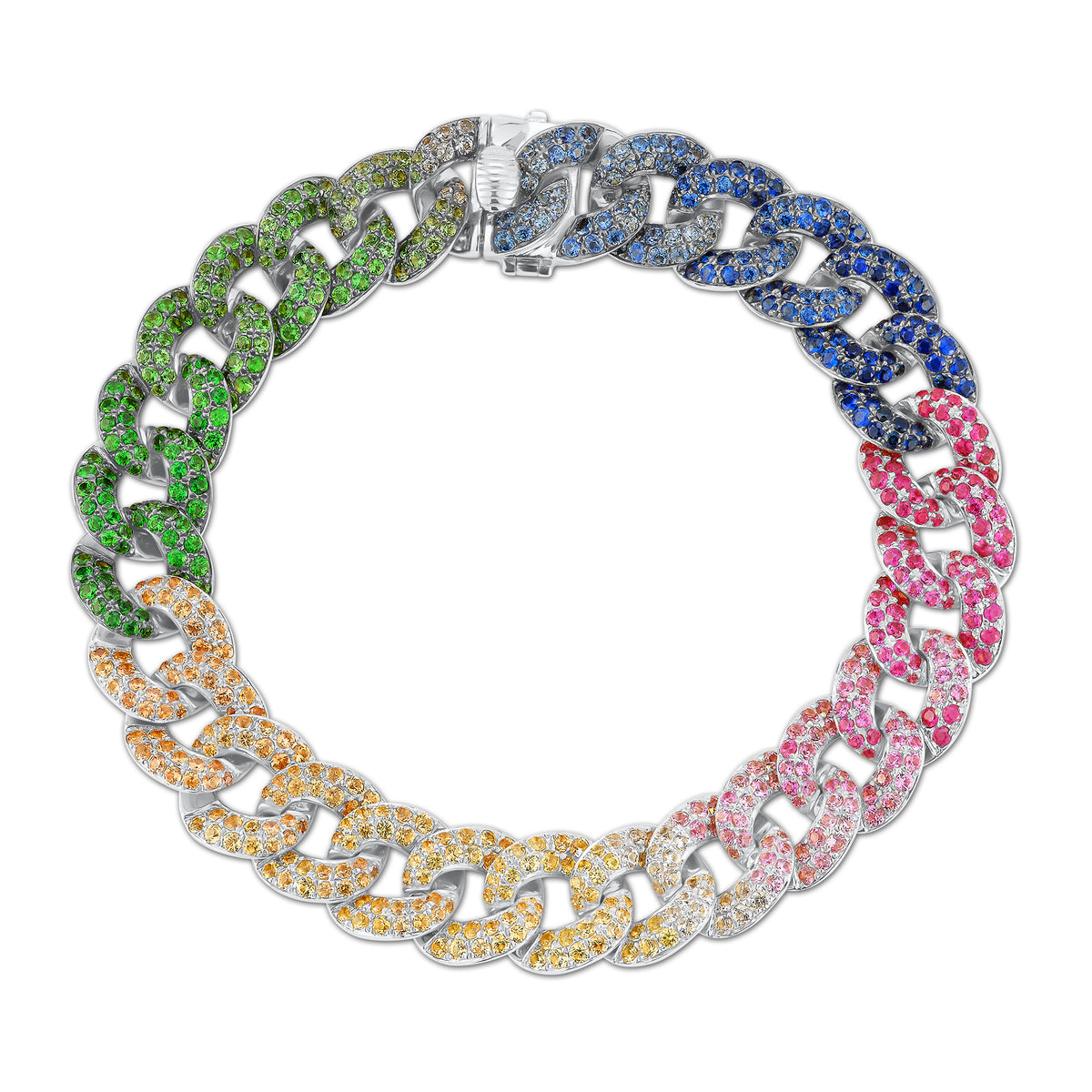 Rainbow Sapphire Curb Chain Bracelet - 14K gold weighing 25.78 grams - 684 sapphires weighing 8.11 carats