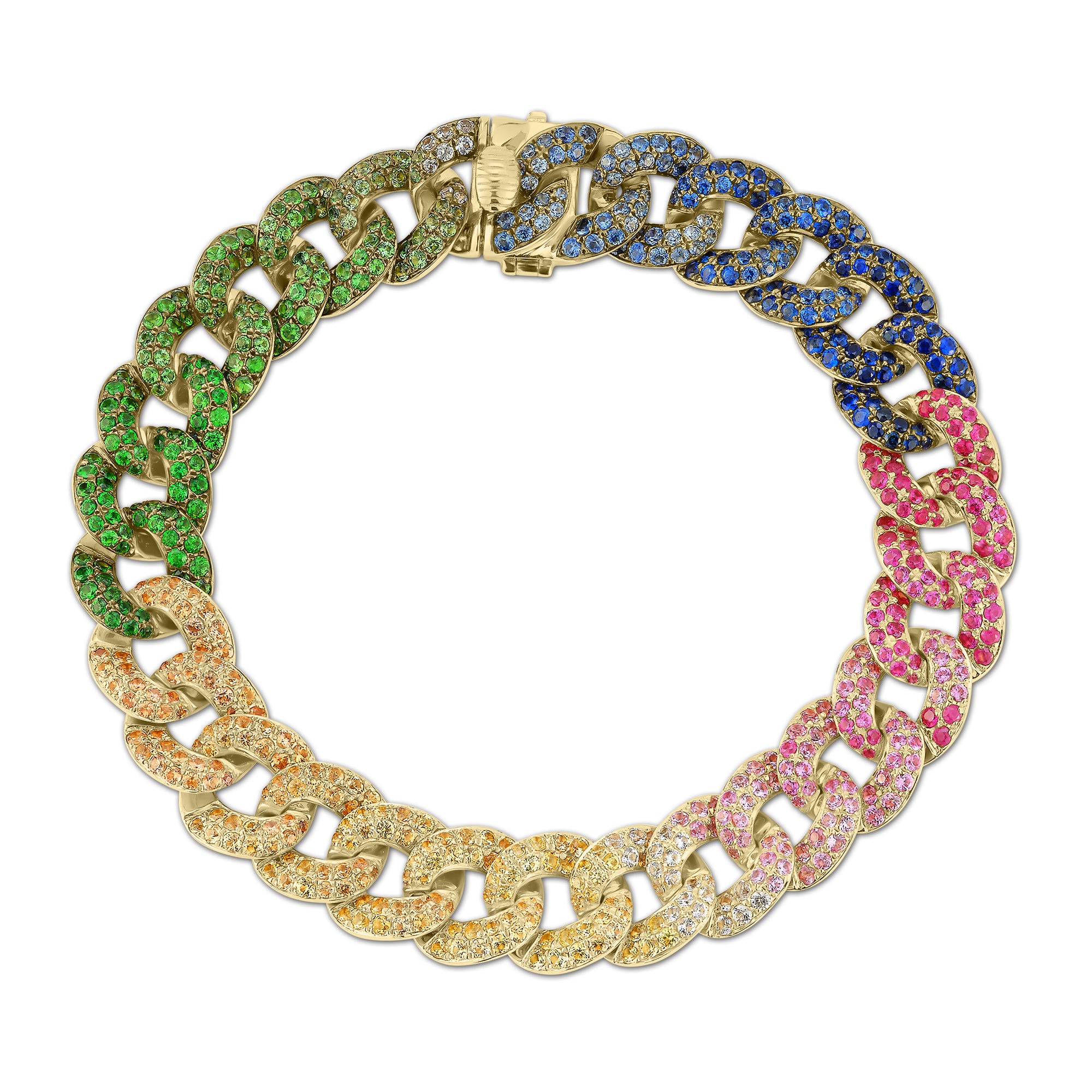 Rainbow Sapphire Curb Chain Bracelet - 14K gold weighing 25.78 grams  - 684 sapphires weighing 8.11 carats