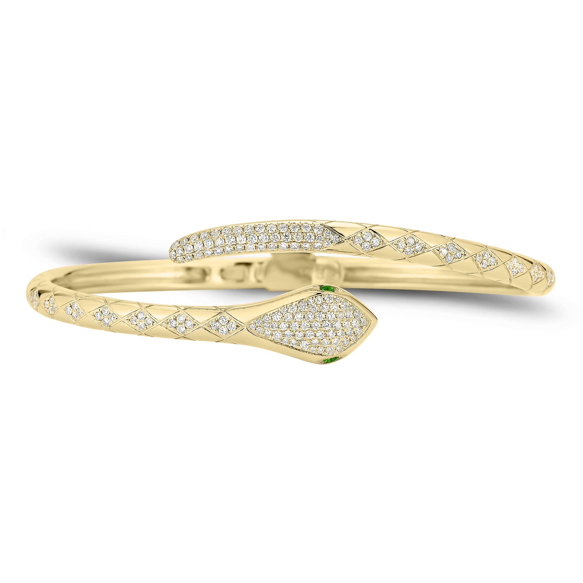 Diamond and Tsavorite Serpent Bangle Bracelet - 14K gold weighing 17.88 grams  - 166 round diamonds weighing 0.85 carats