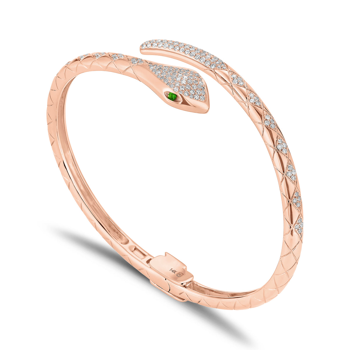 Diamond and Tsavorite Serpent Bangle Bracelet - 14K gold weighing 17.88 grams  - 166 round diamonds weighing 0.85 carats