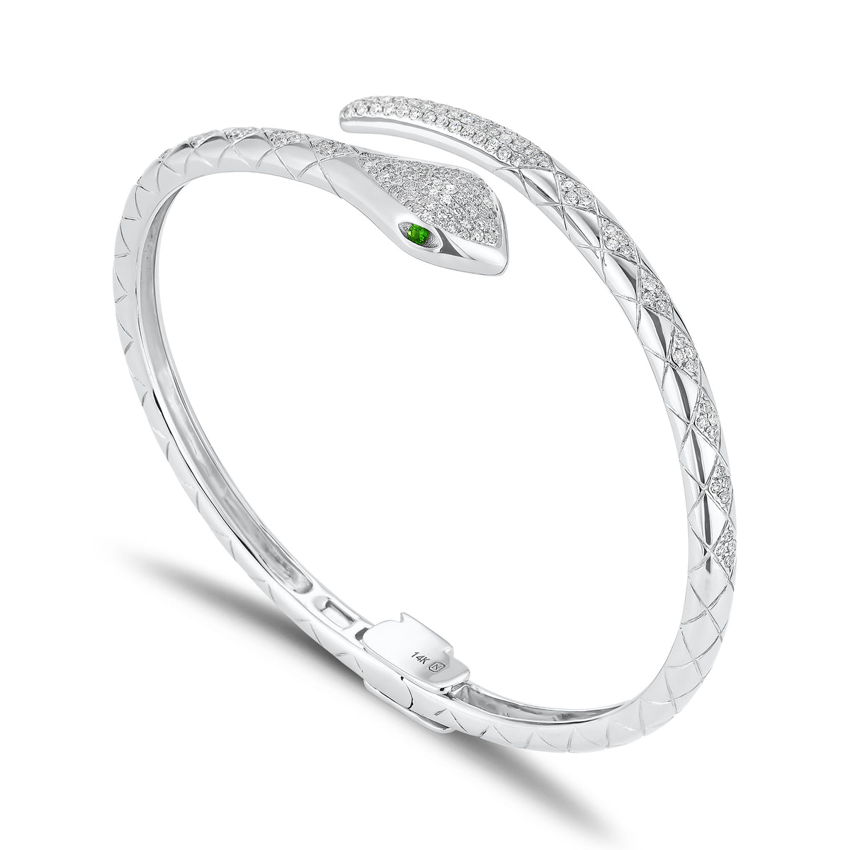 Diamond and Tsavorite Serpent Bangle Bracelet - 14K gold weighing 17.88 grams  - 166 round diamonds weighing 0.85 carats