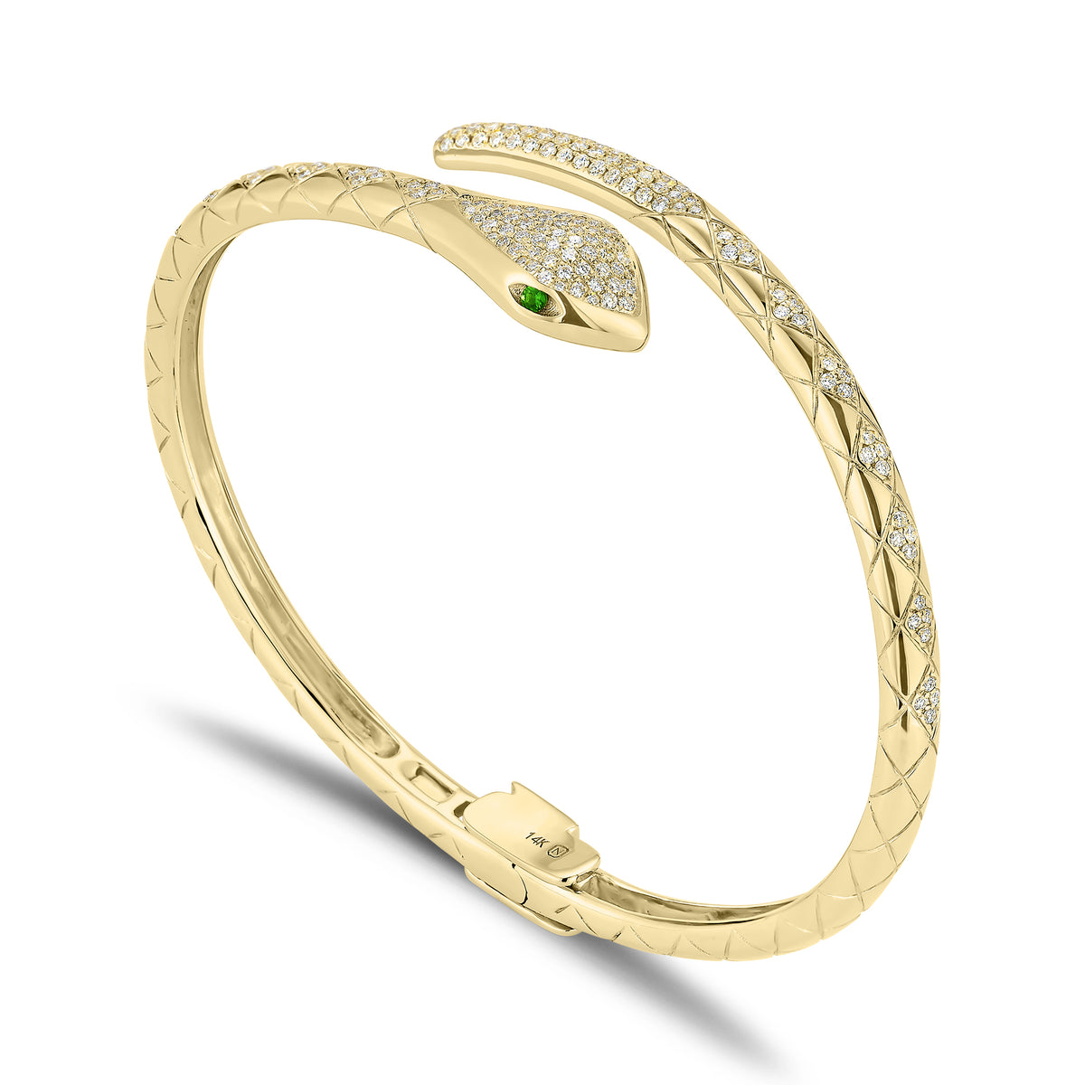 Diamond and Tsavorite Serpent Bangle Bracelet - 14K gold weighing 17.88 grams  - 166 round diamonds weighing 0.85 carats