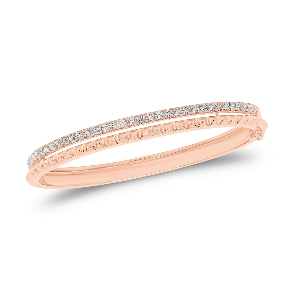 Solid 14K rose gold weighing 16.06 grams featuring 35 round diamonds weighing 0.97 carats Diamond & Gold Pyramid Bangle | Nuha Jewelers
