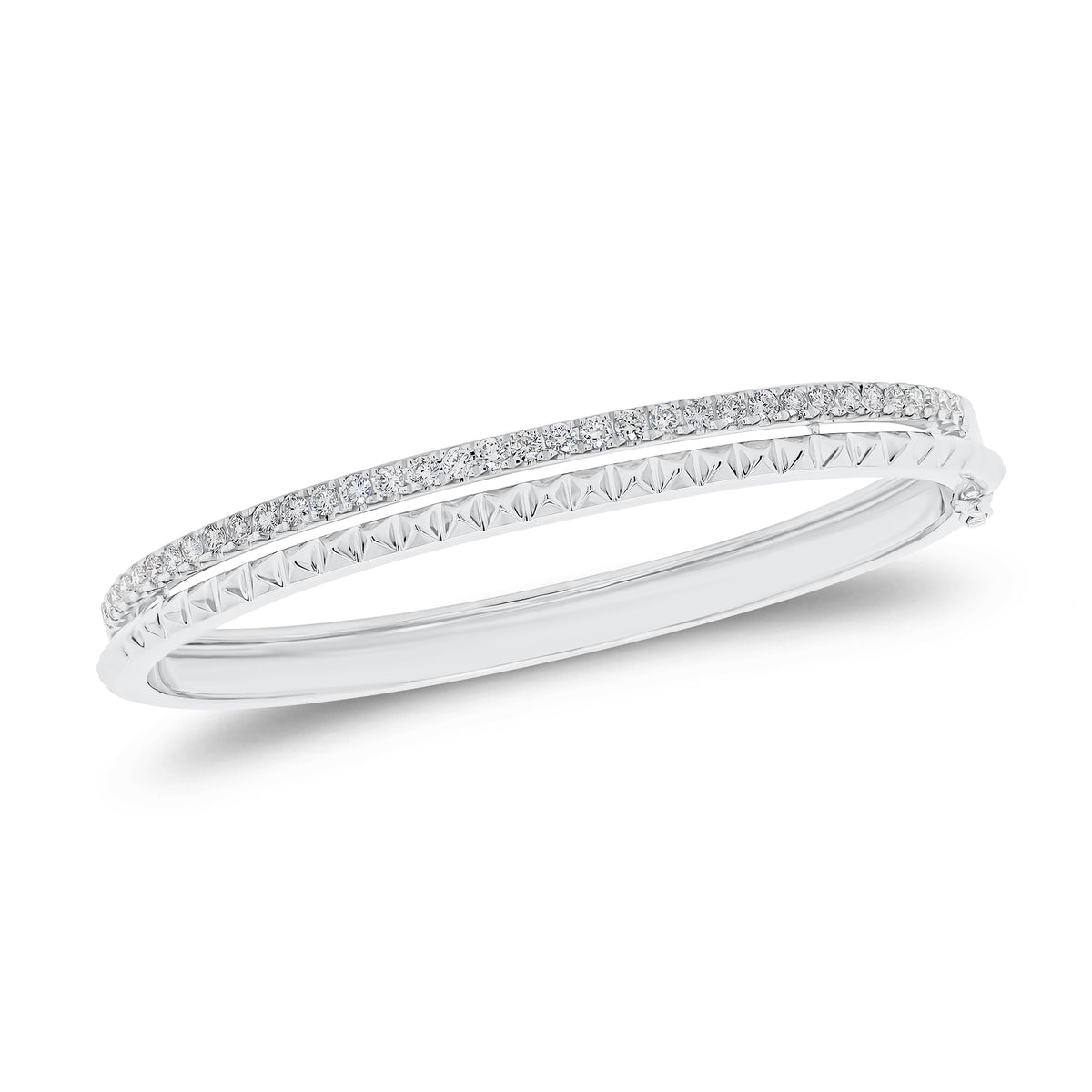 Solid 14K white gold weighing 16.06 grams featuring 35 round diamonds weighing 0.97 carats Diamond & Gold Pyramid Bangle | Nuha Jewelers