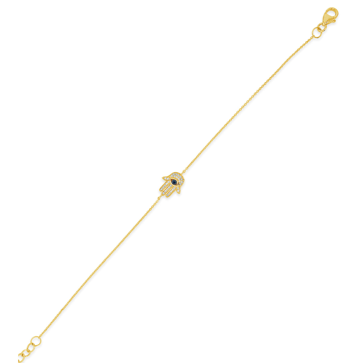 Diamond & Sapphire Hamsa Fashion Bracelet -14K yellow gold weighing 1.70 grams -31 round diamonds totaling 0.11 carats -1 sapphire weighing 0.05 carats