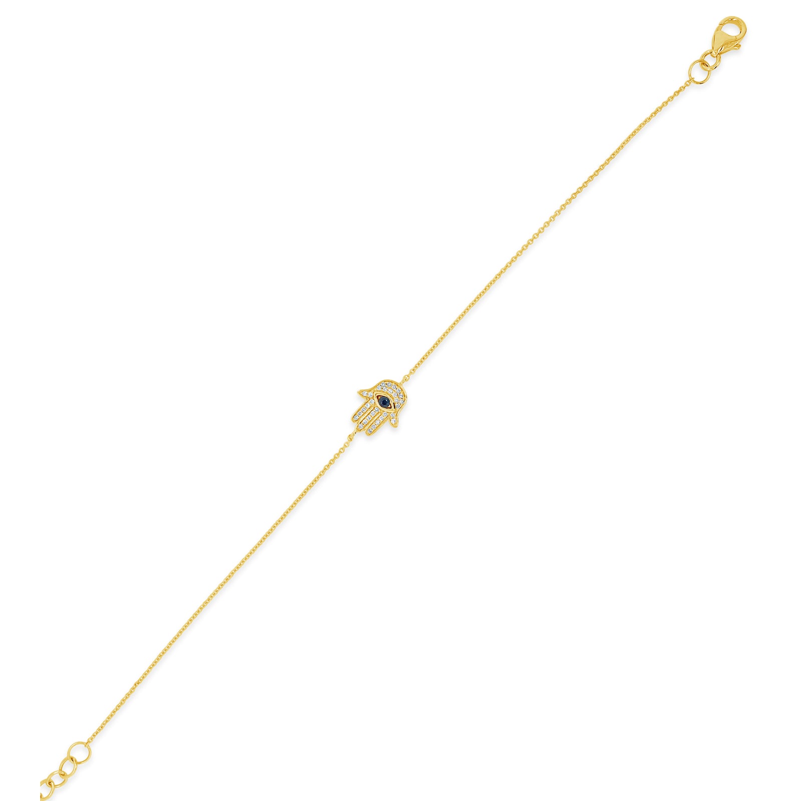 Diamond & Sapphire Hamsa Fashion Bracelet -14K yellow gold weighing 1.70 grams -31 round diamonds totaling 0.11 carats -1 sapphire weighing 0.05 carats