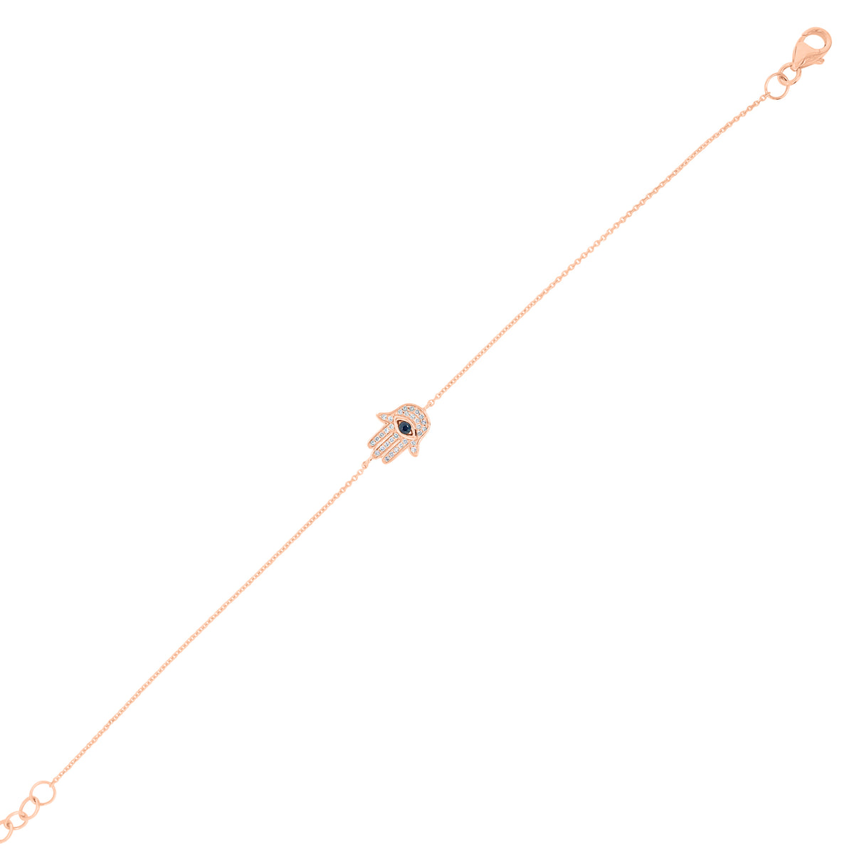 Diamond & Sapphire Hamsa Fashion Bracelet -14K rose gold weighing 1.70 grams -31 round diamonds totaling 0.11 carats -1 sapphire weighing 0.05 carats