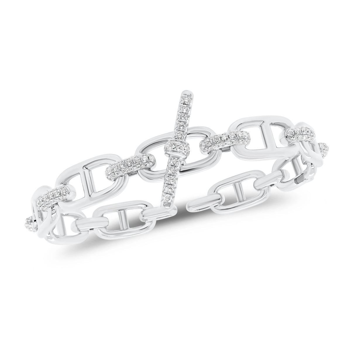 Pave Diamond Toggle Chainlink Bangle Bracelet -18K gold weighing 25.05 grams  -147 round diamonds weighing 1.35 carats