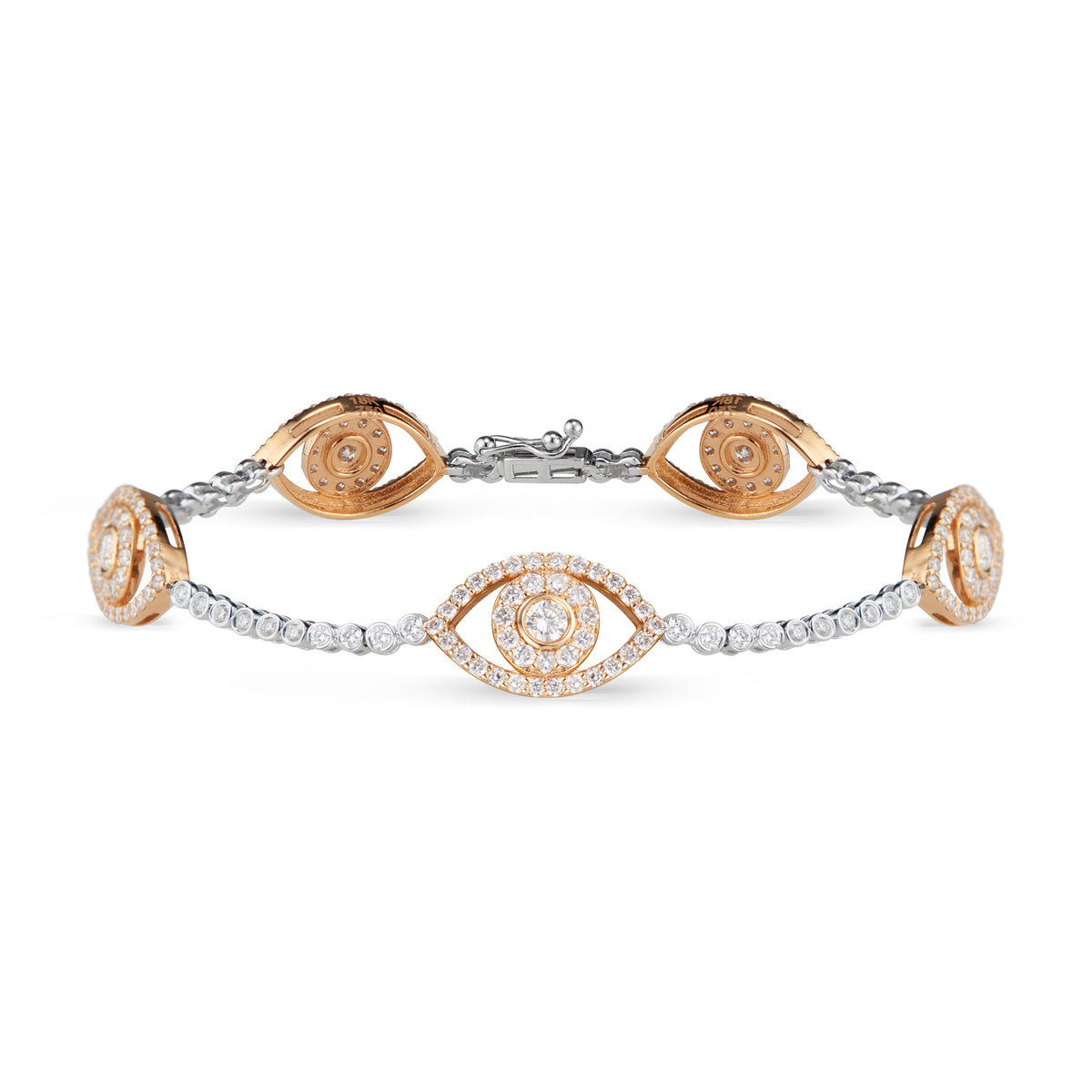 Diamond Bracelet with Evil Eye Stations  - 18K gold weighing 8.14 grams  - 236 round diamonds totaling 2.67 carats