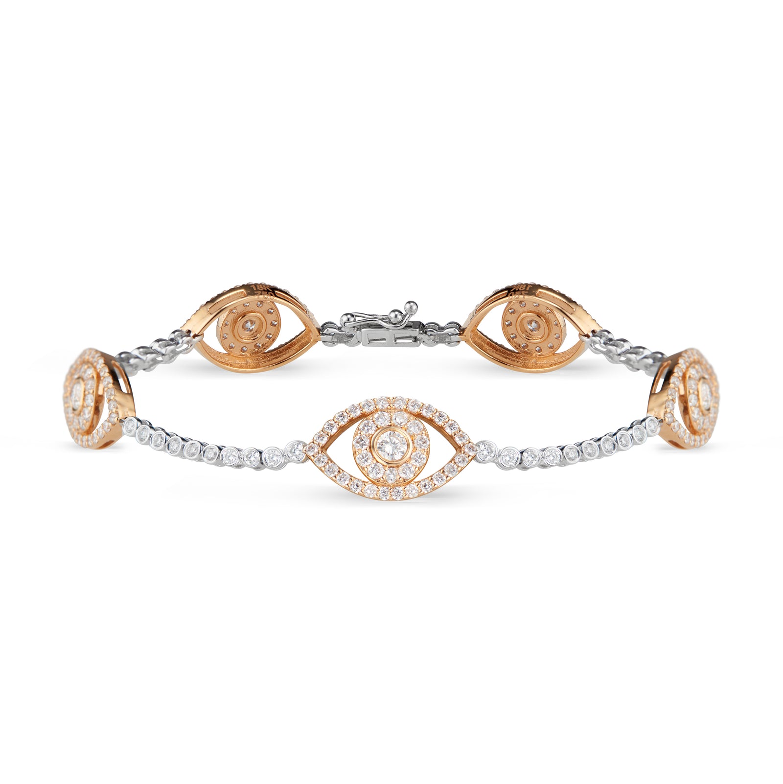 Diamond Bracelet with Evil Eye Stations  - 18K gold weighing 8.14 grams  - 236 round diamonds totaling 2.67 carats